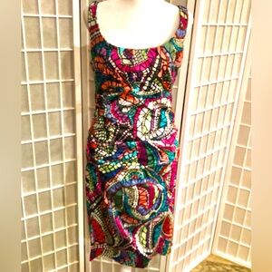 SUZI CHIN FOR MAGGY BOUTIQUE abstract ruched cocktail dress. Very bright colors.